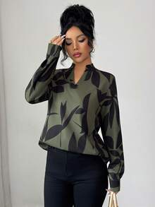 Elenzga Áo sơ mi dài tay tối giản in họa tiết ngẫu nhiên dành cho nữ - Màu xanh Ô liu - Xem 6