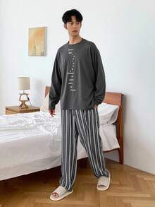 DAZY 男士纯色字母印花上衣搭配松紧腰条纹裤睡衣套装，秋季、秋冬季服装 - 彩色 - 查看 1