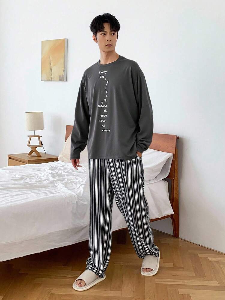 Men's Solid Color & Letter Print Design Top & Elastic Waist Striped Pants Pajama Set, Autumn, Fall & Winter Clothes