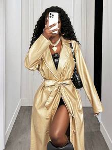 BamGleam Women's Solid Color Lapel NeckLong Sleeve Long Belted Trench Coat, Autumn - Gold - View 6