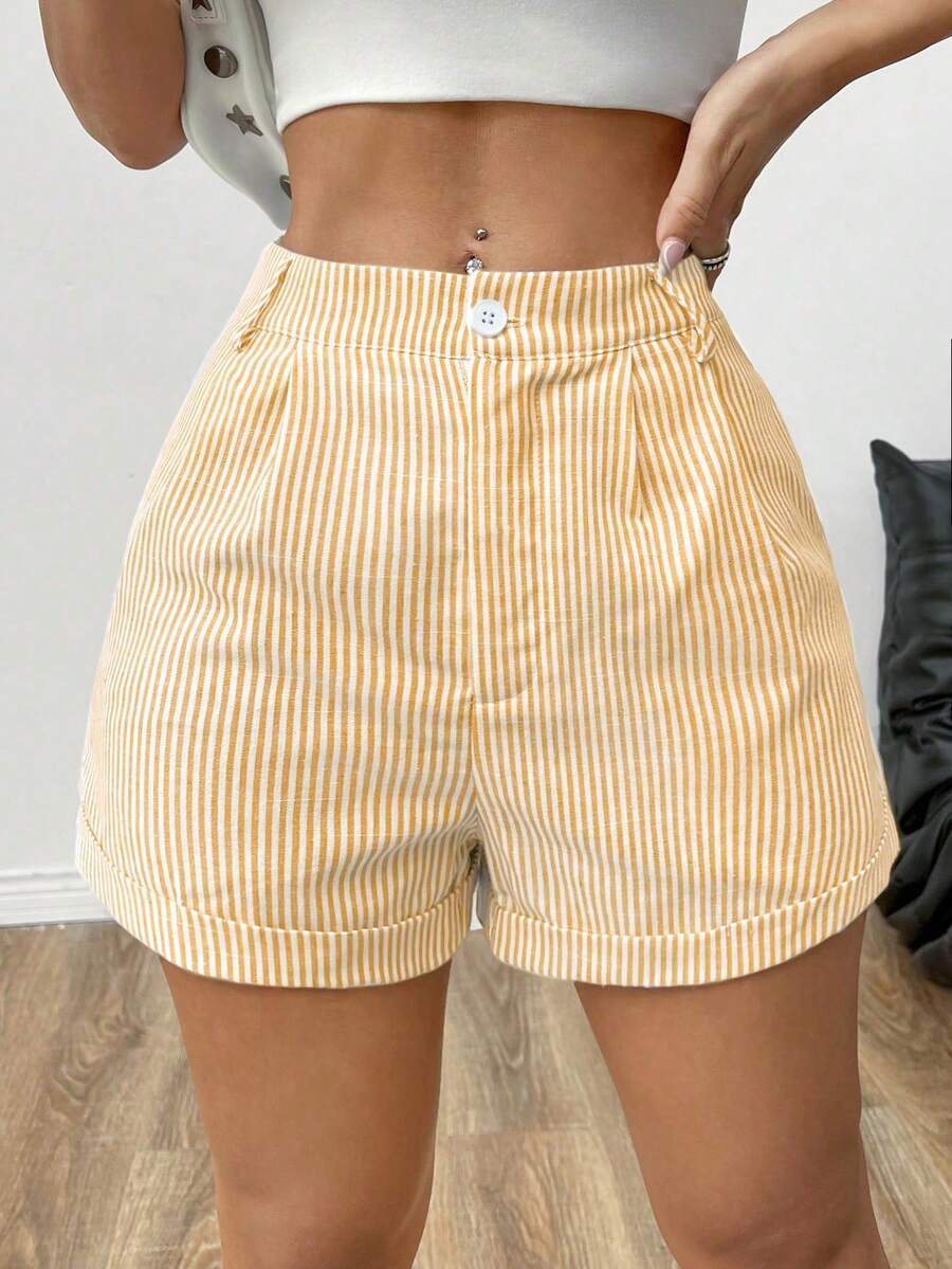 SHEIN EZwear Women's Casual Striped Roll-Up Hem Shorts, Summer - Yellow - View 1