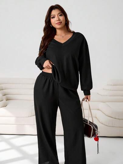 Solflare Plus Size Black V-Neck Long Sleeve Top And Pants 2 Pieces Set, Casual For Autumn/Winter