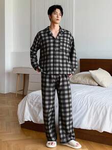 DAZY 男士格子衬衫和松紧腰裤家居服套装，秋季、秋冬季服装 - 彩色 - 查看 4