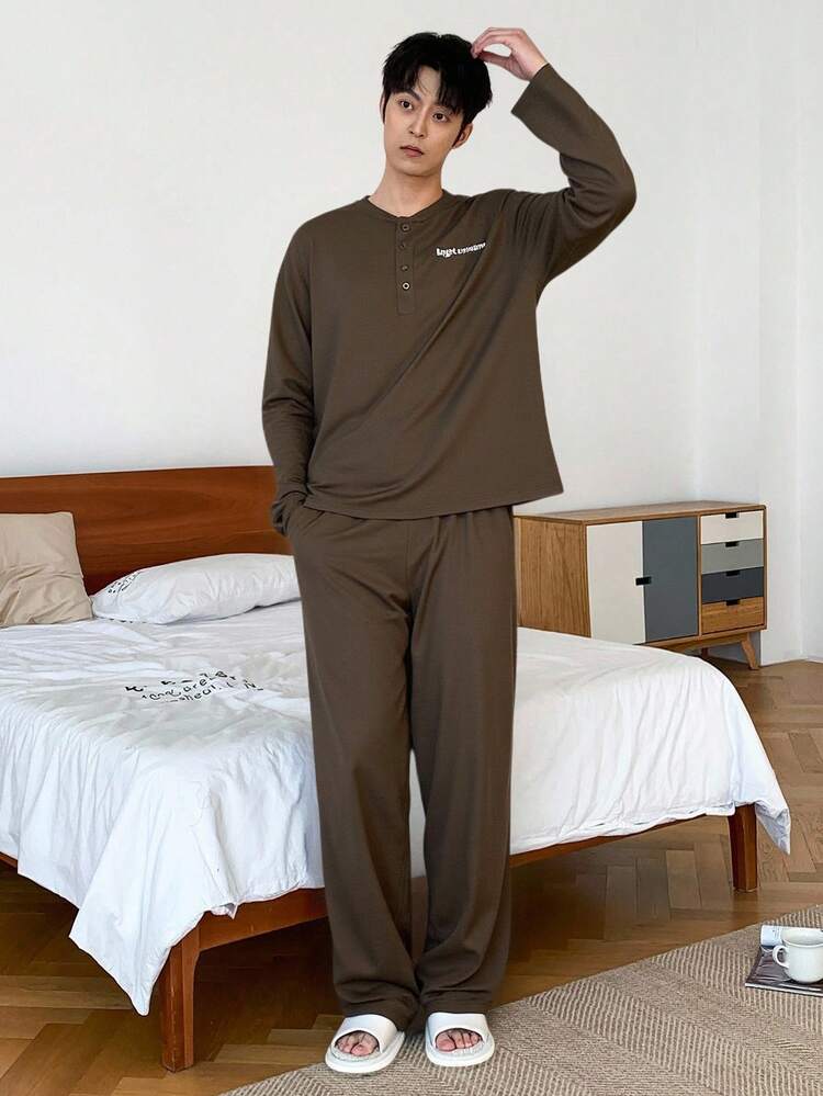 Men's Solid Color Letter Print Half-Button Design Top & Elastic Waist Loungewear Set, Autumn, Fall & Winter Clothes