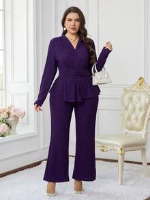 Modelyn Plus Size Women Solid Color Waist Ruched Lantern Sleeve Shirt And Flare Pants Elegant 2 Pieces Set - Purple - View 5