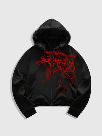 Goth Herren Minimalistischer bedruckter Kapuzenpullover mit Langarm