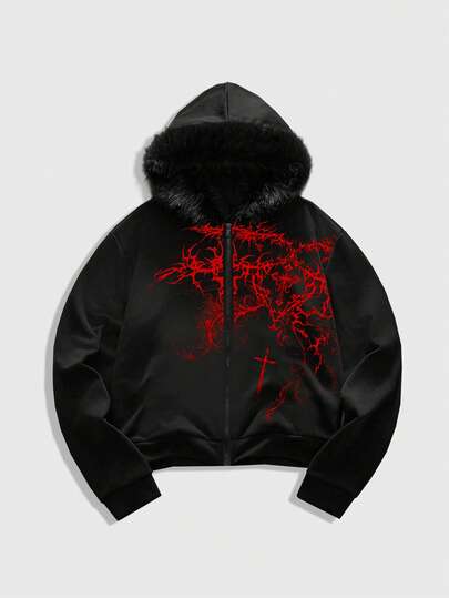 Goth Sudadera con capucha de manga larga con estampado minimalista para hombre