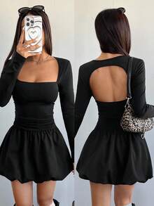 SHEIN Teen Girl Casual Daily Square Neck Hollow-Out Dress With Peplum Hem, Suitable For Parties And Outings - Black - View 1