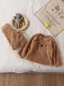 Genkimix Kids 4pcs Young BoyBear Graphic Plush Thick Print Pajama Set, Long Pants & Long Sleeve, Autumn/Winter - Brown - View 3