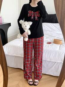 青少年女孩2件組睡衣套裝，紅色，秋季，可愛，家庭款黑色長袖格紋刺繡蝴蝶結上衣與寬鬆長褲，休閒居家服 - 彩色 - 查看 2