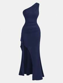 Pitira Teen Girls Partywear New Blue Asymmetric Shoulder Pleated Hollow Out High Slit Dress, Suitable For Vacation, Date, Party In Summer,Long Dress,Christmas, Halloween, Spring Festival Long Blue Dress Wedding Guest Dress Women Navy Blue Formal Dress Asymmetrical Dress One Shoulder Dress - Navy Blue - View 5