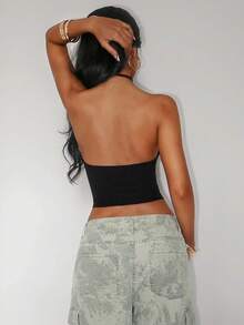 Jeanoix Women's Sexy Punk Style Burgundy Halter Hollow Back Tank Top - Black - View 2