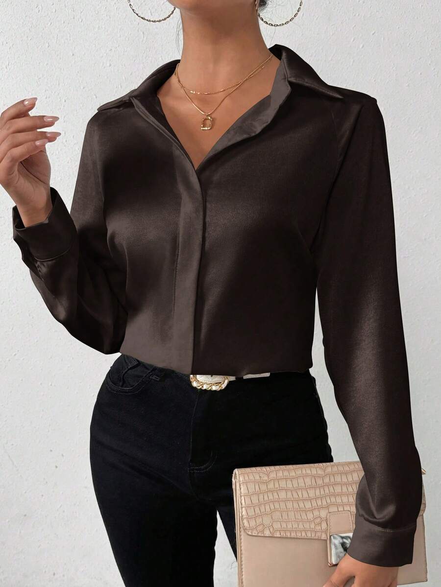 SHEIN PETITE Áo sơ mi satin trơn một hàng khuy đơn giản thanh lịch dành cho nữ - Cà phê nâu - Xem 1