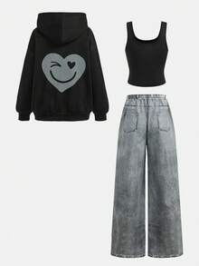 SHEIN Girlism 3 件套青少年女孩秋冬黑色针织连帽衫，心形和脸部印花，黑色图案背心，仿牛仔工装裤