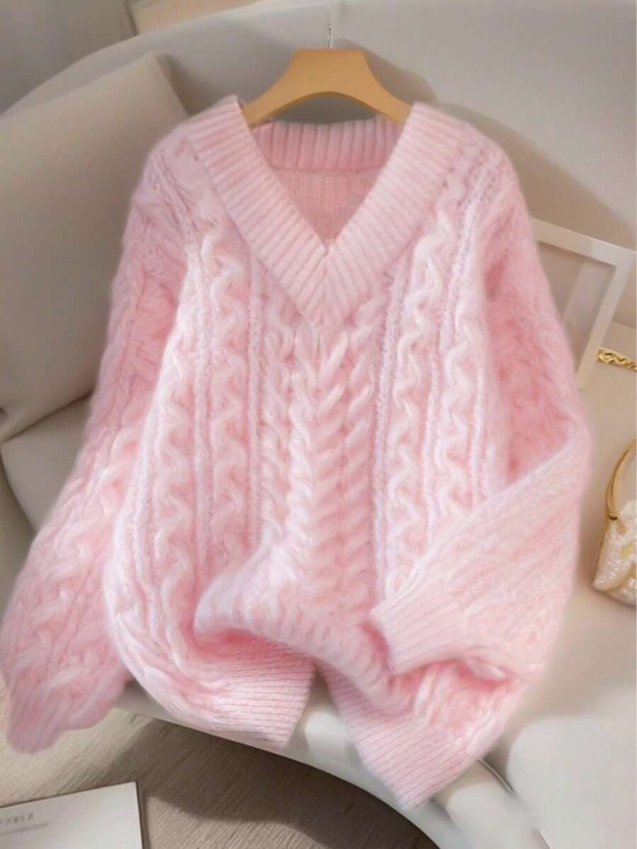 Franclia New Loose Soft Sweet Pink Slouchy Design V-Neck Thick Cable Knit Pullover Sweater For Women, Versatile For Autumn/Winter Fall Cloth For Women - Pink - View 1