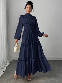 Veilorie Women's Elegant Commuter Solid Color Lantern Sleeve Dress - Royal Blue - View 4