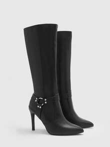 CUCCOO BIZCHIC Botas Pretas Altas até o Joelho de Fivela de Alta Qualidade para Outono/Inverno, Botas Femininas Elegantes de Bico Fino e Salto Fino, Botas Longas Versáteis e da Moda de Novo Estilo, Exibindo Charme Feminino e Elegância - Preto - Visão 7