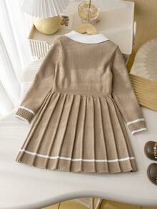 Elladie kids 少女海军蓝毛衣裙，全新秋冬系列，学院风，公主风，海军蓝和白色撞色，适合各种场合：居家、外出、上学 - 駝色 - 查看 2