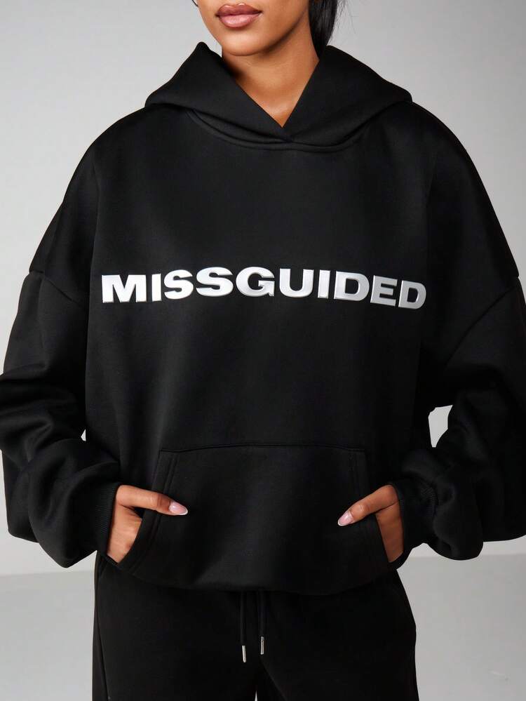 MISSGUIDED Oversized Hooded Sweatshirt With Front Pocket And Bold Logo Print For Casual Comfort