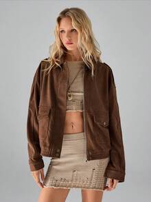 SHEIN TRNDY 1 件女式棕色夹克，休闲拉链前口袋长袖宽松版型，百搭秋冬 - 棕色 - 查看 7