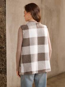 SHEIN LUNE 秋冬款水牛格纹印花开襟泰迪熊背心外套