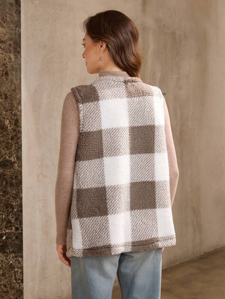 BOHO Buffalo Plaid Print Open Front Teddy Vest Coat In Fall/Winter Casual