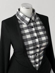 Sunspun Fall Autumn And Winter Plus Size Women Brushed Ribbed Plaid Patchwork Slim Fit Casual Commuter Top - Black - View 5