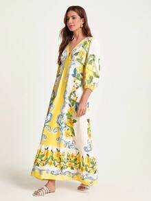 CAJUNI Đầm tay phồng cổ chữ V sâu in hoa thời trang cho nữ, thích hợp cho kỳ nghỉ - Nhiều màu - Xem 8