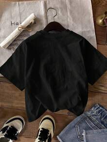 Manfinity Joysei 男士黑色休闲宽松圆领短袖T恤，百搭夏季 - 黑色 - 查看 3