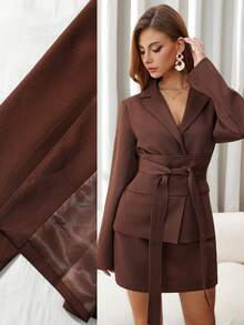 Chiquease Costum elegant pentru femei, culoare solidă, cu rever, mânecă lungă, cu nod în talie, sacou și fustă midi, toamnă - Maro - Vizualizare 1