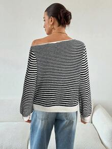 Siren Gaze 女装秋冬时尚露肩领不对称领条纹长袖毛衣海岸魅力条纹落肩毛衣海军风毛衣 - 黑與白 - 查看 2