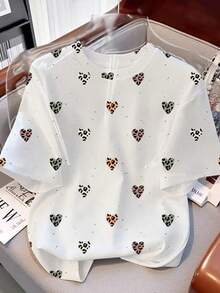 Resyla 女式休闲豹纹心形图案短袖 T 恤，夏季 - 白色 - 查看 3