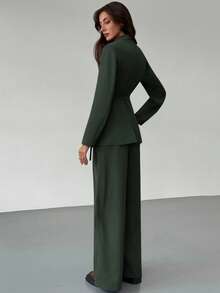 Aloruh Conjunto de chaqueta y pantalones de traje de color verde oliva de moda para ir al trabajo - Verde Oscuro - Ver 2