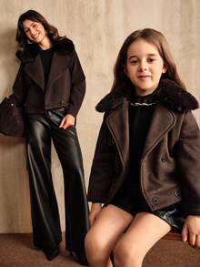 SHEIN 女童超大翻领长袖外套，采用柔软亲肤面料制成，搭配简单，适合日常聚会、上学、游玩、购物、度假等。 - 鏽棕色 - 查看 5