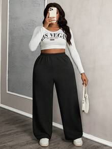 SHEIN Tall CURVE 大码女式休闲日常黑色带口袋长裤 - 黑色 - 查看 5