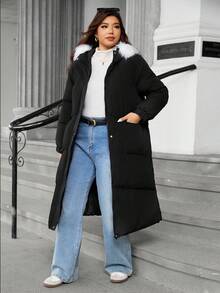 Easura Plus Size Long Sleeve Hooded + Detachable Fur Collar Long Padded Coat - Black - View 4