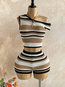 Soleia New Back To School Casual Resort Western Beach Wedding Guest Attire Graduation Brunch Women's Outfit, St. Patrick's Day Spring Break Easter Music Festival Elegant Bohemian Tropical Chic Asymmetrical Shoulder Striped Knit Two Pieces Set