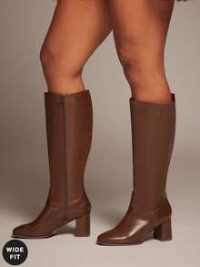 SHUZIA 女式宽筒时尚舒适及膝侧拉链粗跟靴 - 棕色 - 查看 6