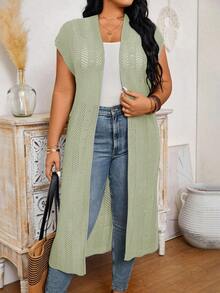 EMERY ROSE Plus Size Women Solid Color Batwing Sleeve Hollow Design Long Knitted Cardigan