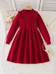 SHEIN Tween Girls' Solid Color Minimalist Long Sleeve Sweater Dress, Casual Everyday Wear - Burgundy - View 6