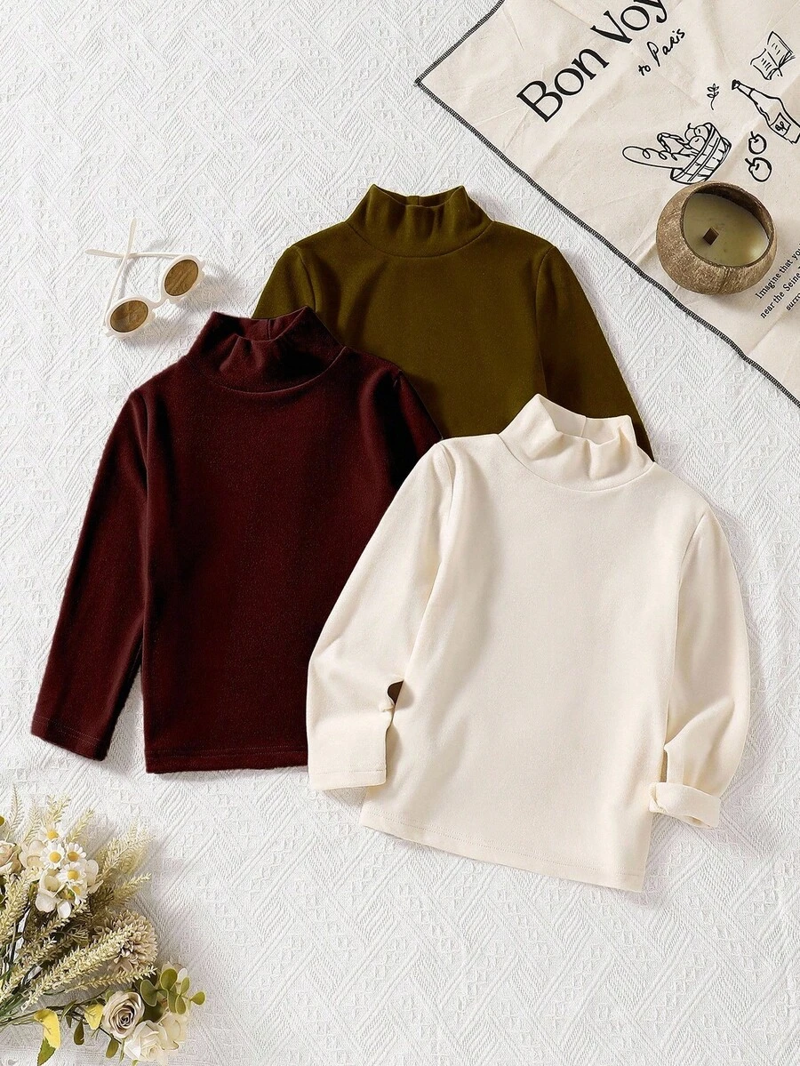 Genkimix Kids 2pcs/Set Young Boy Basic Loose Fit Turtleneck T-Shirts, Comfortable For Layering Or Outerwear, High Value, Suitable For 4-7 Years Old Boys, Suitable For Home, Outdoor, And School Wear - Multicolor - View 1