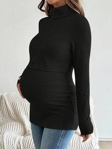 SHEIN 孕妇哺乳上衣，纯色简约日常穿着，高领长袖衬衫 - 黑色 - 查看 11