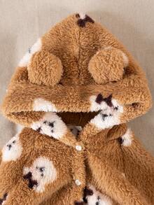 2 件套少女柔软毛绒熊印花连帽开衫和裤子睡衣套装，舒适时尚秋冬家居服 - 棕色 - 查看 5