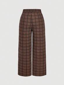 SHEIN MOD Quần ống rộng ống đứng họa tiết kẻ caro cổ điển thanh lịch cỡ lớn, phù hợp cho việc đi lại trong thành phố - màu nâu - Xem 2