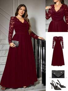 Ellevyn Elegantes Kleid in Große Größen für Frauen mit Kontrast-Spitze, Langarm und plissiertem Design