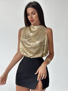 Firerie Blusa asimétrica plisada de oro elegante y de moda para uso diario, oficina, vacaciones y festivales musicales - Dorado - Ver 8