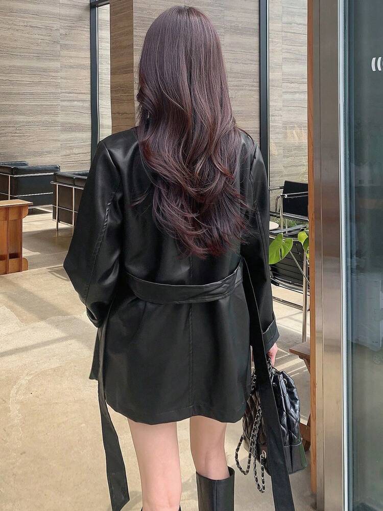 Solid Color Leather Loose Waist Belt Women Regular Jacket Fall/Winter Women Coats