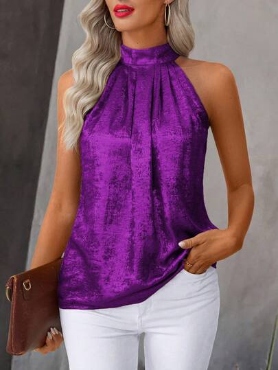 SHEIN Clasi 1pc Women Metallic Pleated Halter Neck Casual Top For New Year Holiday Party Clothes