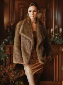 Anewsta 女士优雅别致仿毛领大衣，适合秋季、冬季、外出、圣诞节 - 棕色 - 查看 5