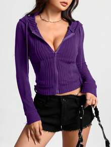 Flirla Women's Solid Color Long Sleeve Zipper Collar Pocket Drawstring Casual Hoodie - Purple - View 6
